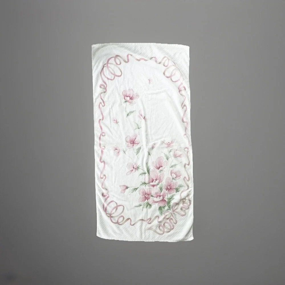 Vtg Franco Luxury Towel Bath Made‎ In Japan White Pink Flowers bouquet  23x45